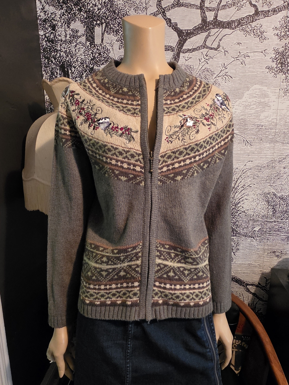 NWT Croft & Barrow Embroidered Bird Fair Isle Full-Zip Cardigan Sweater – PS